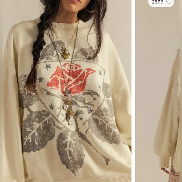 NWT Free People We The Free Palm Spring Turtleneck Graphic Pullover ivory - S, M - Picture 2 of 10